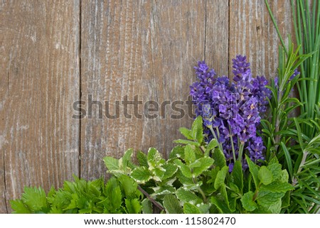 herbs on wooden background/lavender/