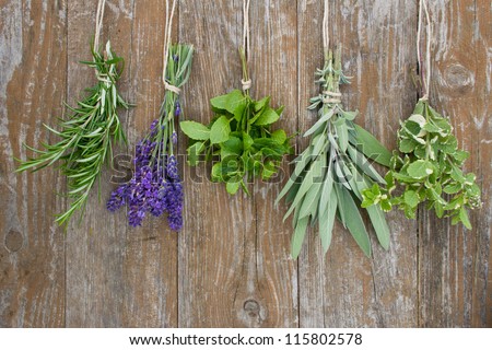 herbs on wooden background/lavender/