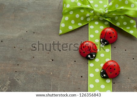 Dotted green loop and lady bugs on wooden ground/lady bugs/green