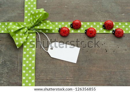 Dotted green loop, lady bugs and label on wooden ground/loop/lady bug