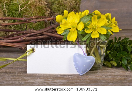 yellow flowers, twigs, hearts and white card/hearts/flowers