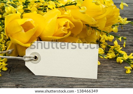 yellow tulips, gorse and label on wooden ground/tulips/flowers