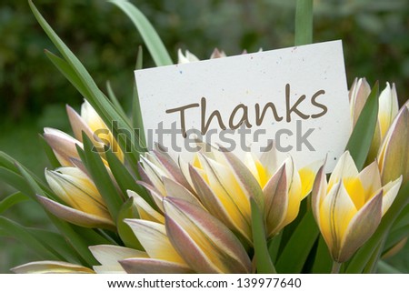 yellow tulips and card with lettering thanks/flowers/tulips