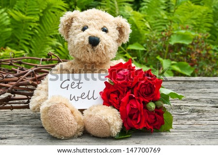 teddy bear with red roses  and card with lettering get well/get well/teddy