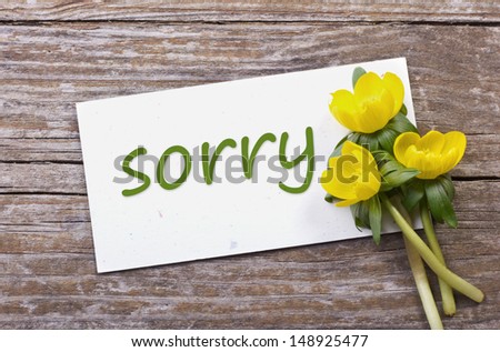 yellow flowers and card with lettering sorry/sorry/flowers