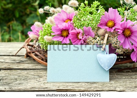 pink flowers with card and heart/pink/flowers