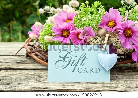 pink flowers with gift card/gift card/flowers