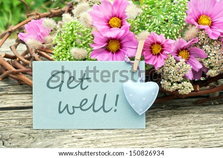 pink flowers with card get well/get well/flowers