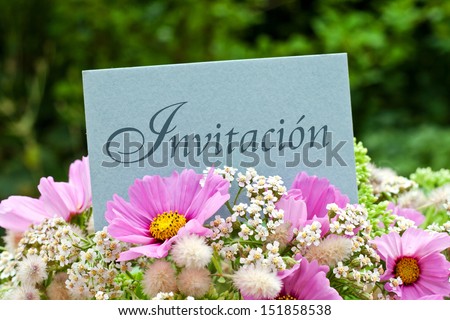 pink flowers and card with invitation/invitation/flowers