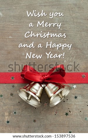 christmas card with red loop, bells and stars/Merry Christmas a happy new year/english
