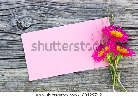pink flowers and pink card on wooden table/aster/flower