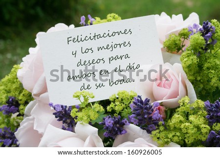 pink roses, lavender and card/Congratulations and warm wishes to both of you on your wedding day/spanish
