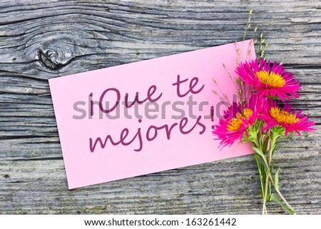 Pink flowers and pink card with lettering get well/get well/spanish