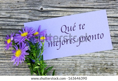 Violet flowers and card with lettering get well/get well/spanish