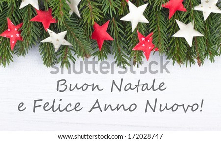 christmas card with  fire branch and stars/merry christmas and a happy New Year/italian