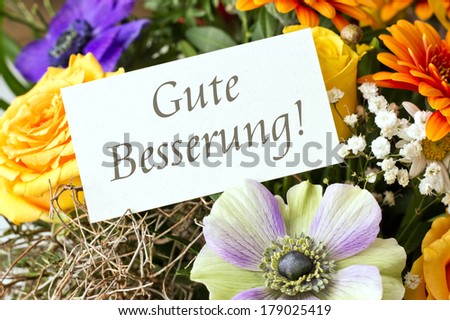 bouquet with roses, gerbera  and anemones with card/get well/german