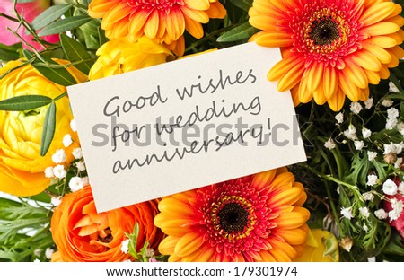 bouquet with gerbera and card to  Wedding Anniversary/Good wishes on your  Wedding Anniversary/english