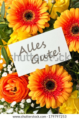 bouquet with gerbera  and buttercups with card/all the best/german