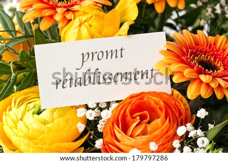 bouquet with roses, gerbera  and anemones with card/get well/french