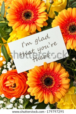 bouquet with roses, gerbera  and anemones with card/I`m glad that you are there/english