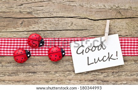ladybugs and card on wooden board/good luck/english