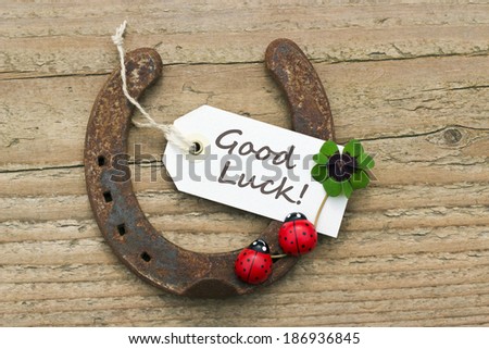 Horseshoe, Leafed clover and ladybugs on wooden board/good luck/english