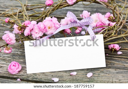 Pink blossoms with white card and hearts/Pink blossoms/flowers