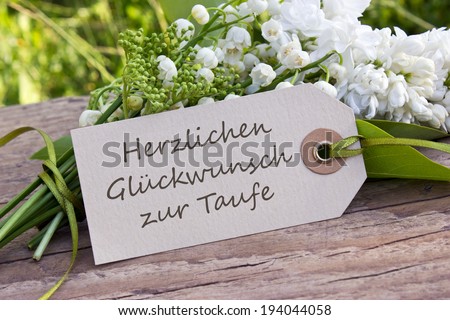 german christening card with Lily of the valley, lilac and elder/Best wishes on christening day/german