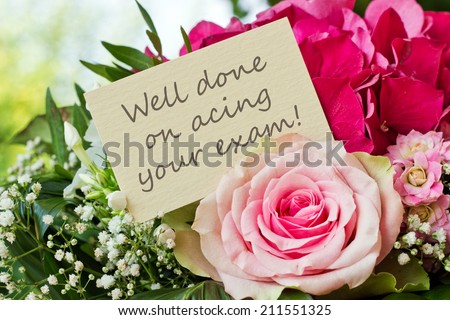 english greeting Card with pink flowers/well done on acing your exam/english