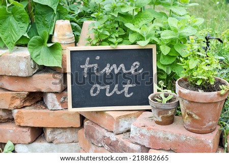 herbs and chalkboard with lettering time out/time out/english