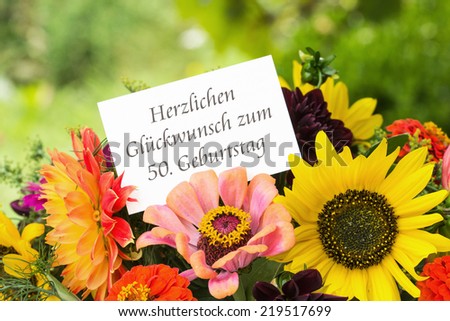 german Birthday card with summer flowers/congratulations on your 50th birthday/german