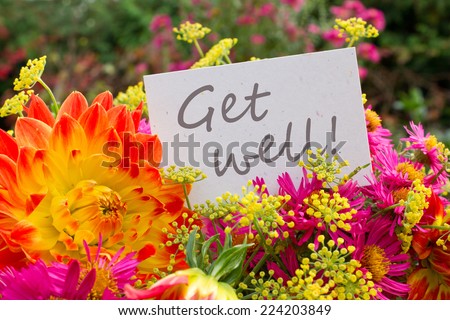 english greeting card with dahlia and asters/get well/english