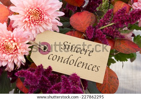 english mourning card with chrysanthemus and autumn leaves/deepest sympathy/mourning card