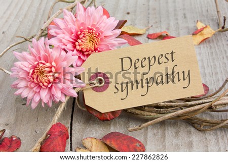 english mourning card with chrysanthemus and autumn leaves/In deepest sympathy/mourning card