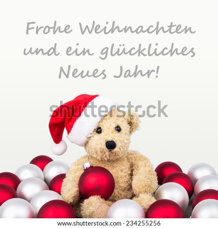 german Christmas card with teddy bear  and text merry christmas  and a happy New Year/Merry Christmas and a happy New Year/german