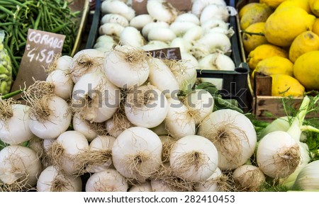 Display with onions, lemons and beans / fresh fruit and vegetables / fruits and vegetables
