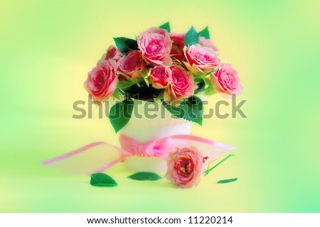 beautiful shot with bunch of roses on green background