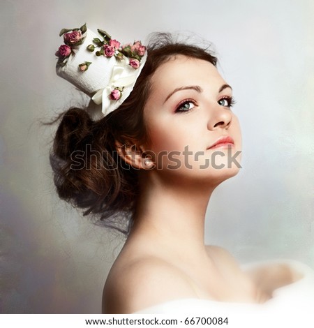 beautiful woman in hat with roses. Retro style.