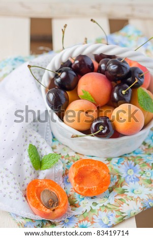 Apricots and cherries in a bowl on a fruit crate