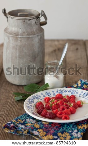 Still-life with raspberries and a milk-can