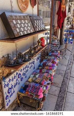 A Souvenir Shop on a Street with Backgammon, Evil Eyes and Colorful Woollen Socks