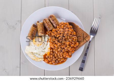 Full English Breakfast with Sausage, Fried Egg and Baked Beans.