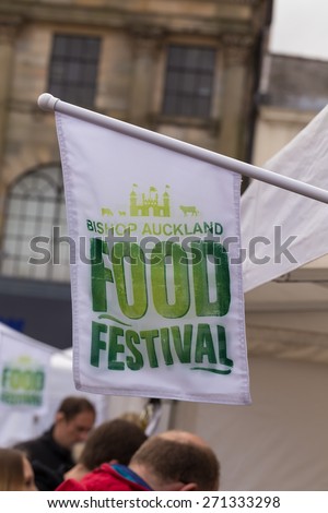 BISHOP AUCKLAND, ENGLAND - April 19, 2015: Official White Flag of Bishop Auckland Food Festival. Bishop Auckland Food Festival is organised by Durham County Council.