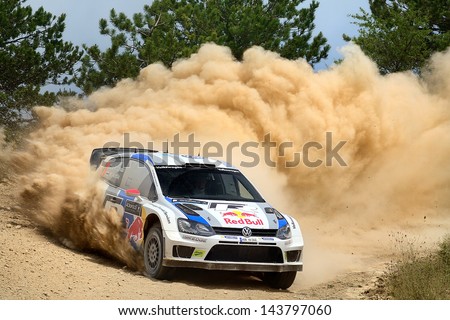 CORINTHIA GREECE JUN 1 Finnish driver Jari-Matti Latvala and his codriver Miikka Anttila in a Volkswagen Polo R WRC race in the 59th Acropolis Rally of Greece on Jun 1 2013 in Loutraki Greece CORINTHIA GREECE JUN 1 Finnish driver Jari-Matti Latvala and his codriver Miikka Anttila in a Volkswagen Polo R WRC race in the 59th Acropolis Rally of Greece on Jun 1 2013 in Loutraki Greece
