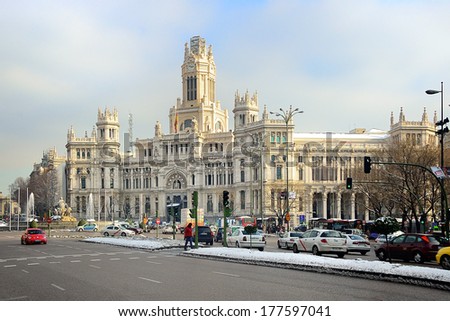 MADRID, SPAIN - JAN 11: The Cibeles Palace, formerly The Palace of Communication, nowadays it\'s the Madrid City Hall. On January 11, 2010. Madrid, Spain