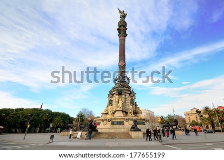 BARCELONA, SPAIN - FEB 1: The Columbus Monument is a 60 m tall monument to Christopher Columbus at the lower end of La Rambla. On Febrary 1, 2013. Barcelona