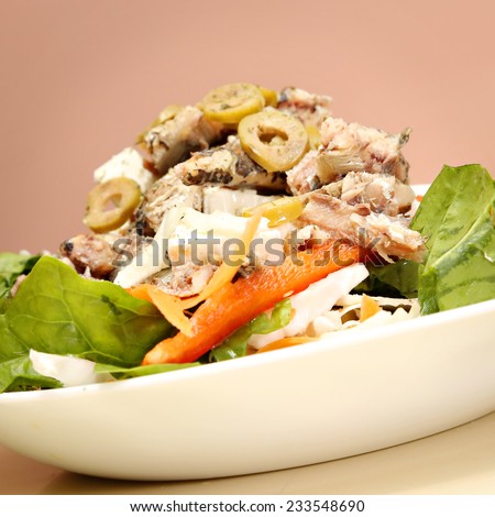 Delicious mediterranean-style salad , Healthy vegetable salad with fish pieces and olives