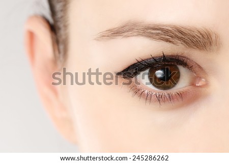 Macro image of human eye, Close up view of a brown woman eye
