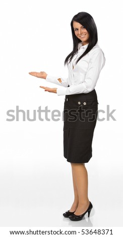 Businesswoman with her arm out in a welcoming gesture, isolated on white background