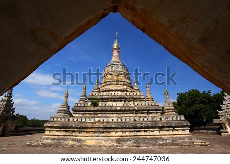 Door in and out with Pagoda in Burma (Myanmar) on beautiful blue sky background